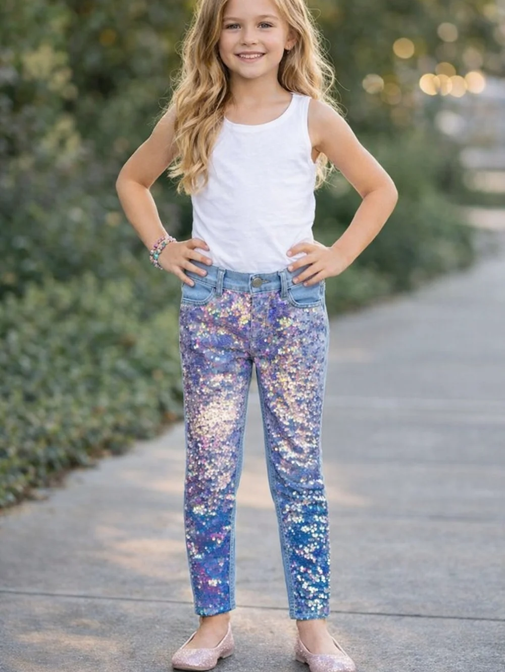 Justice Sequin Jeans Girls Pull On Mid Rise Super Skinny Sparkle Denim Size 10